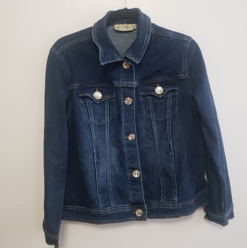 Diane Gilman DG2 Cotton Stretch Denim Rhinestone Button Jacket ~ Size Medium